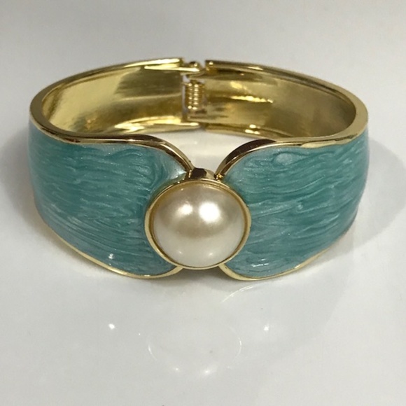 Jewelry - Blue enamel cuff hinged bracelet with pearl accent